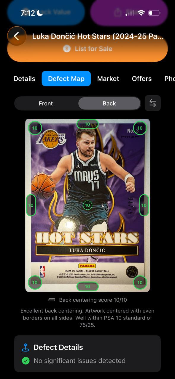 SlabReady defect map showing all 10s on corners and centering for Luka Doncic card