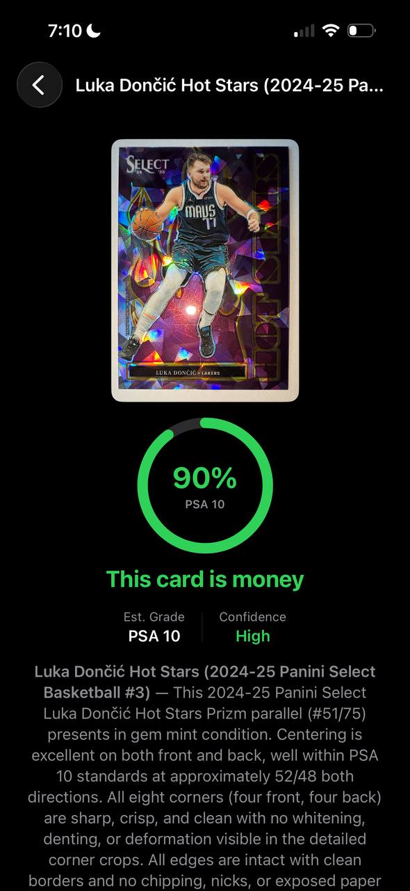 SlabReady scan result showing Luka Doncic Hot Stars card predicted PSA 10 with 90% confidence