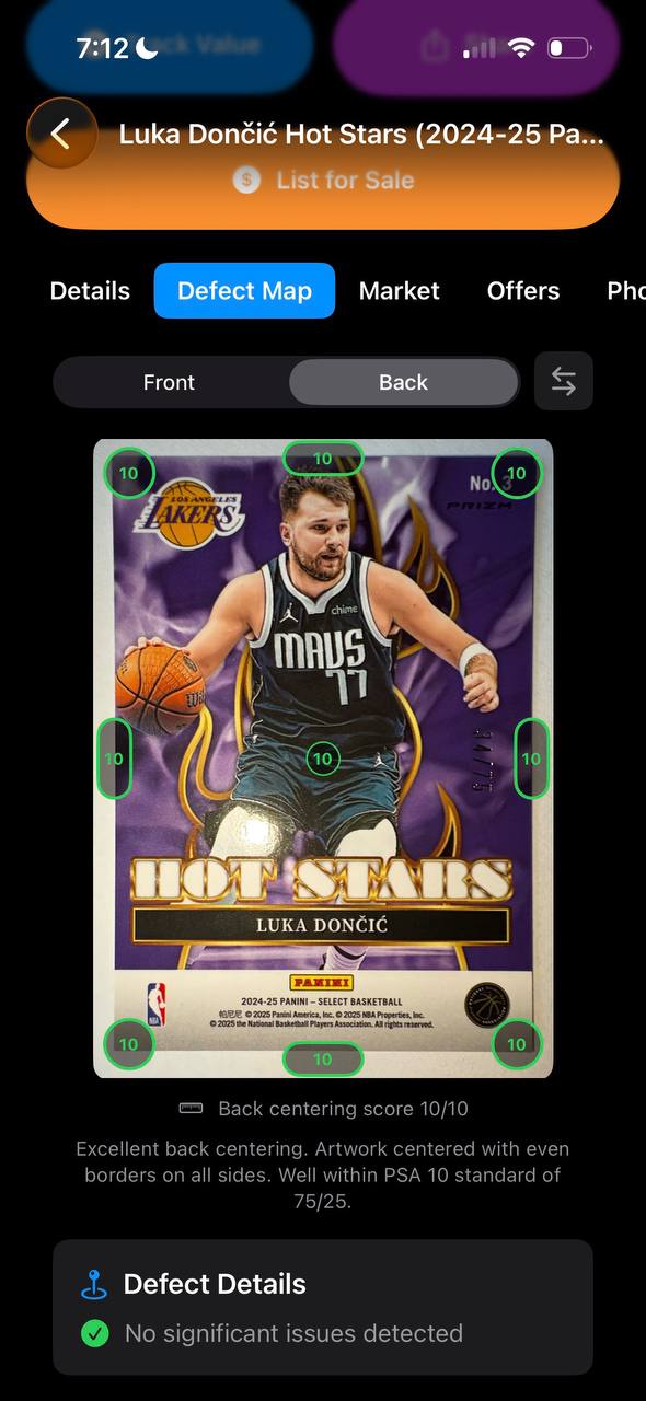 Luka Dončić Hot Stars basketball card with AI defect map showing all 10 corner scores